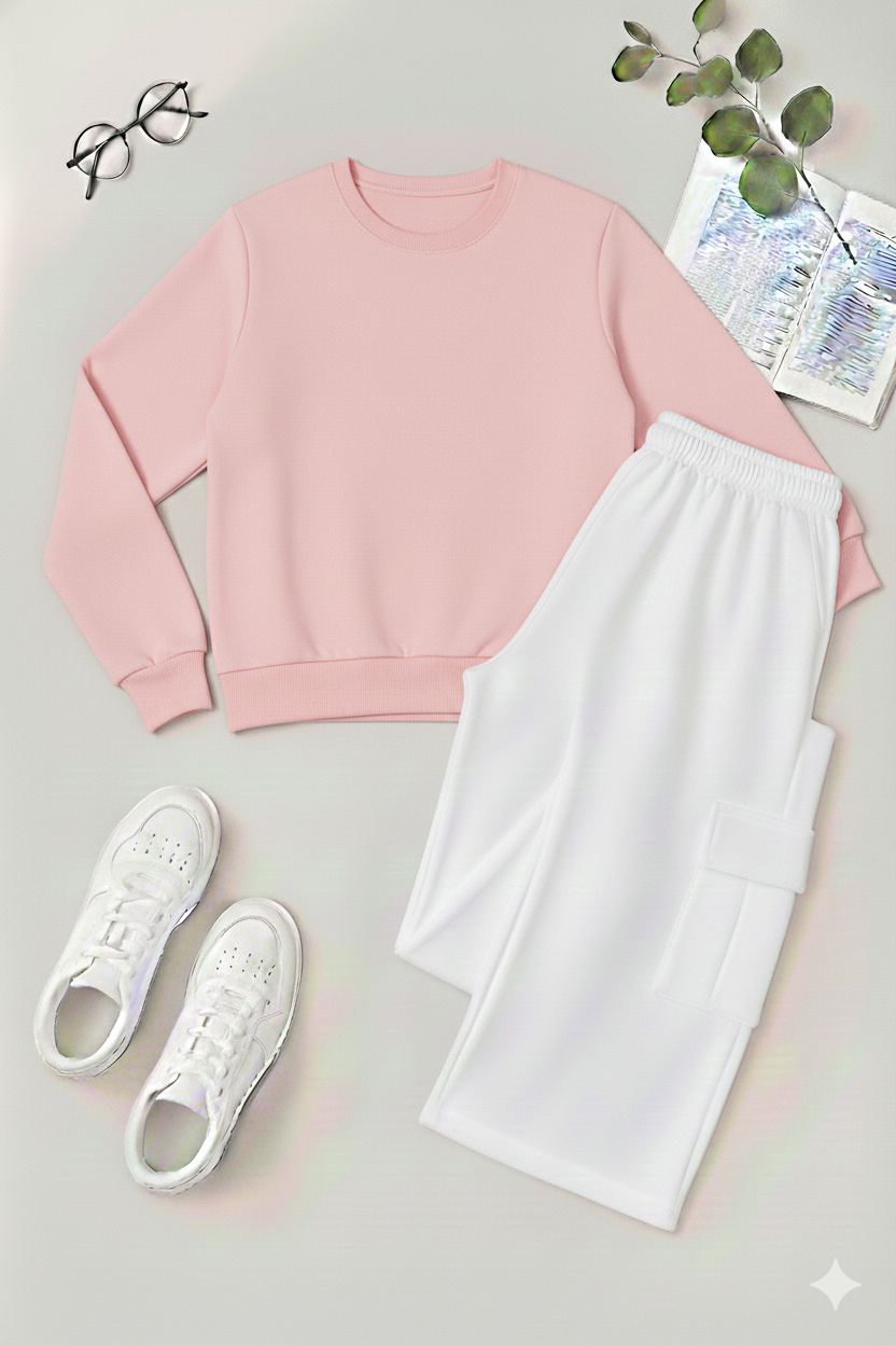 Everyday Essential Basic Plain Sweatshirt & White Cargo Co-Ord