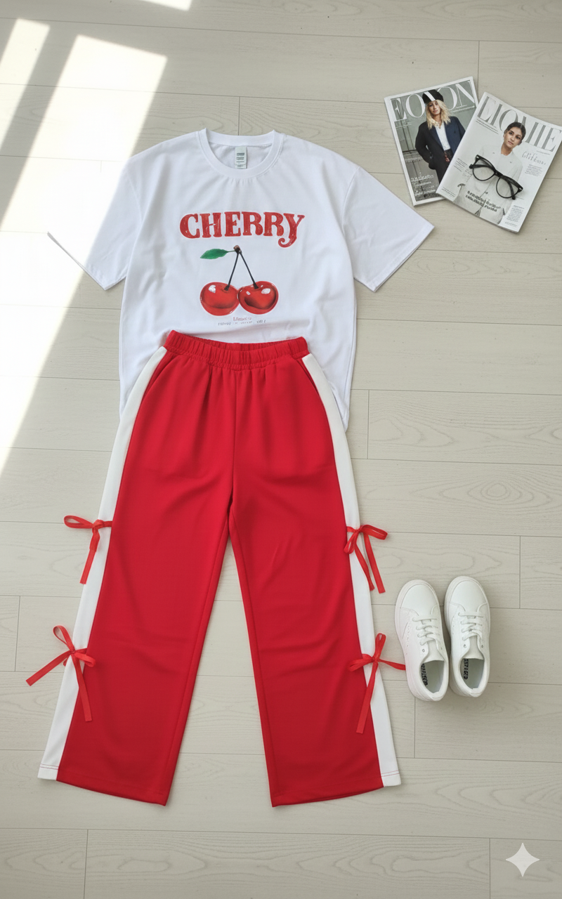 Cherry Graphic Tee with Bow-Tie Trousers Cord Set