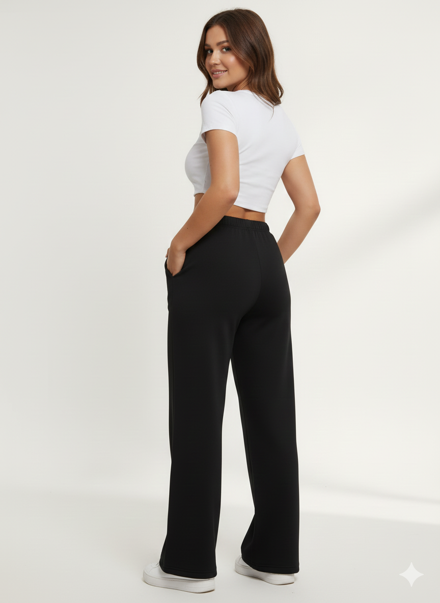 WinterEase Fleece Wide-Leg Trousers - Black