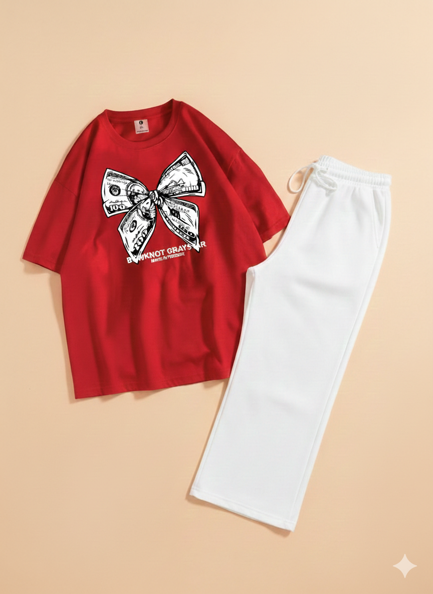 Oversized "Money-Bow" Tee & White Wide-Leg Trouser Set