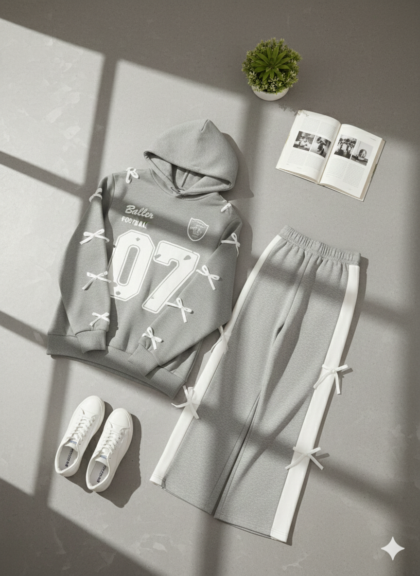 Grey 07 Ribbon Printed Hoodie Paired With Cute Grey Side Ribbon Trouser