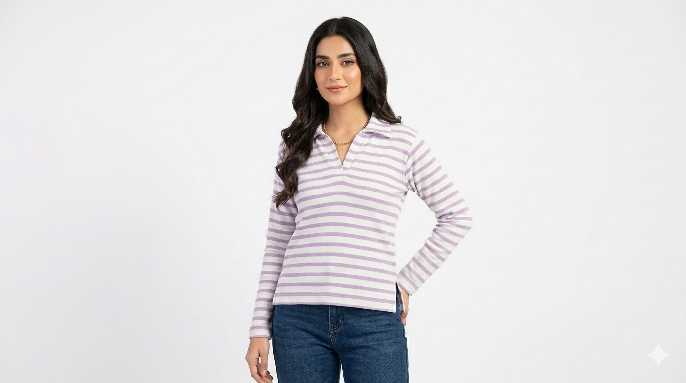 Contrast Stripe Essential Long Sleeve Polo Top