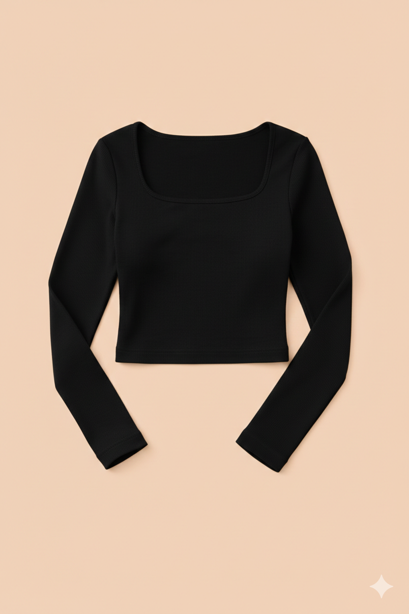Classic Square Neck Ribbed Fit Top - Black