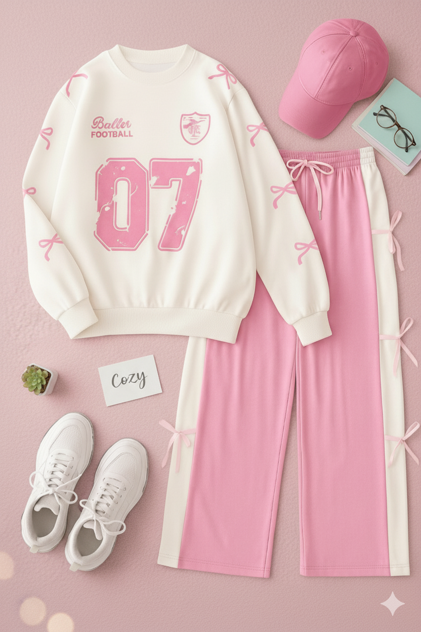 07 Ribbon Printed Sweatshirt Paired With Cute Ribbon Trouser