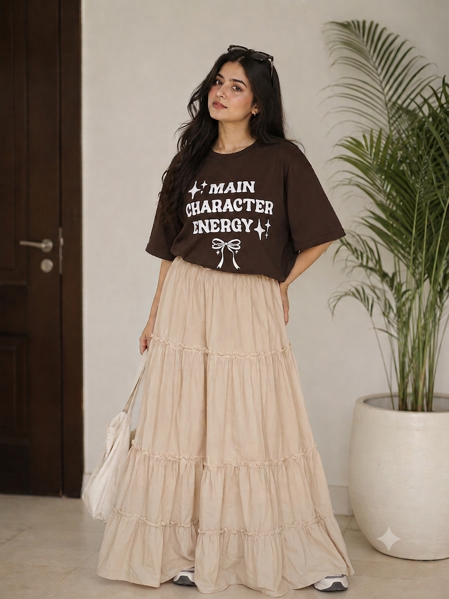 Main Character Energy Oversized Graphic T-Shirt & Tiered Maxi Skirt Co-Ord Set for Women