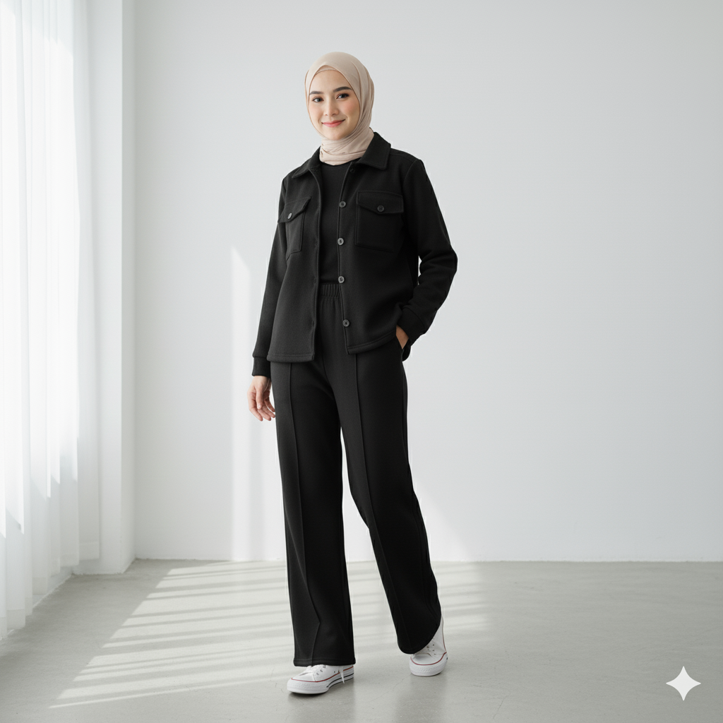 Womens Black Flap Pocket Fleece Cord Set