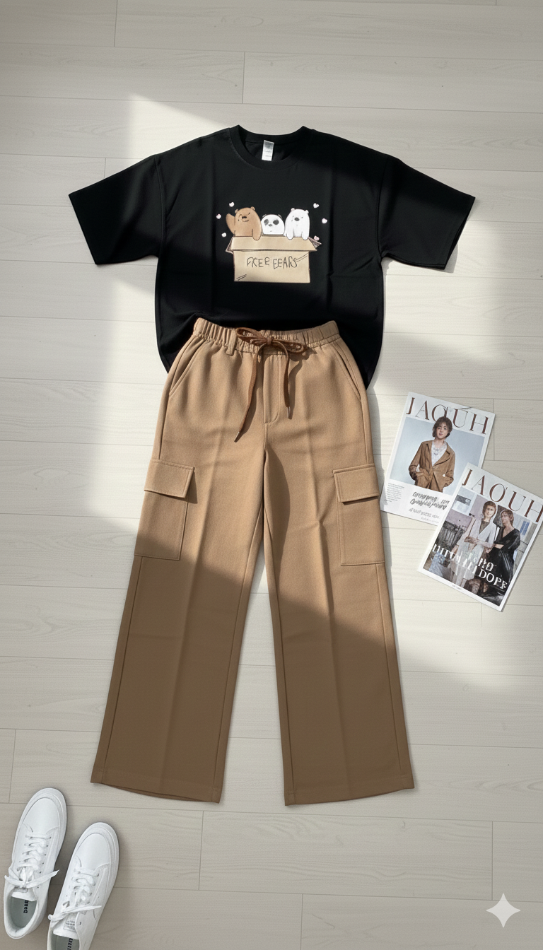 Womens Oversized Graphic T-Shirt & Brown Cargo Trouser Co-ord