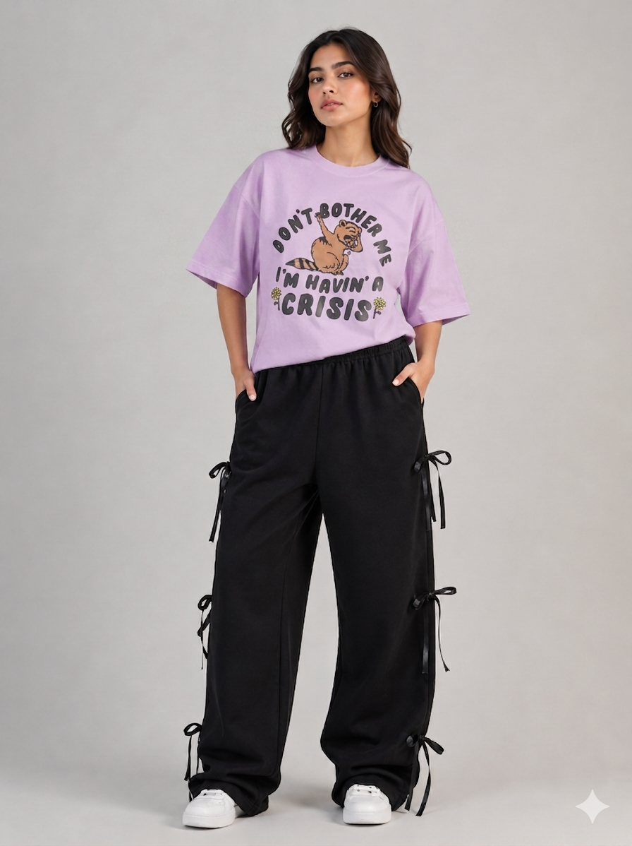 "Havin' a Crisis" Graphic Tee & Black Bow-Detail Trousers