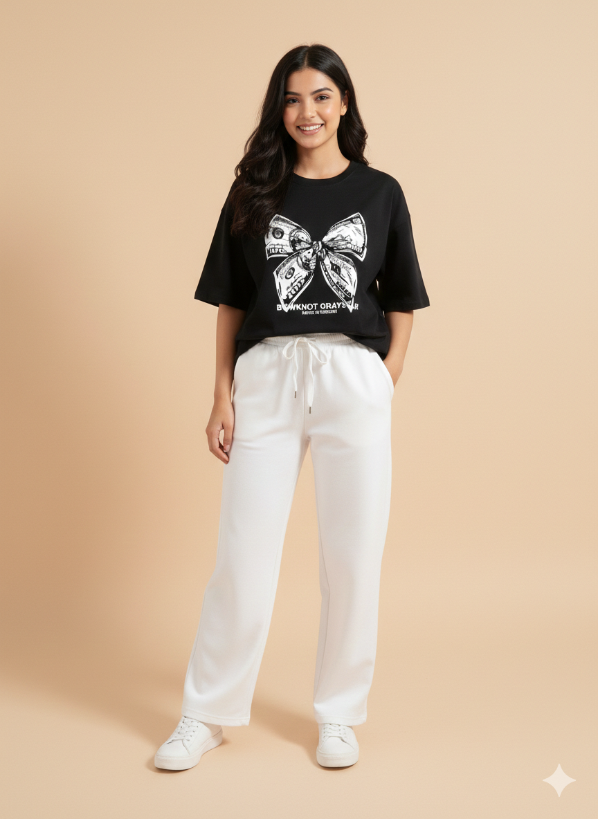 Oversized "Money-Bow" Tee & White Wide-Leg Trouser Set