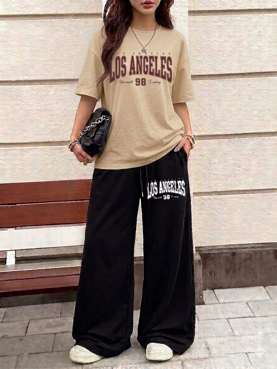 Los Angeles Graphic Oversized Tee & Black Wide-Leg Trouser Set