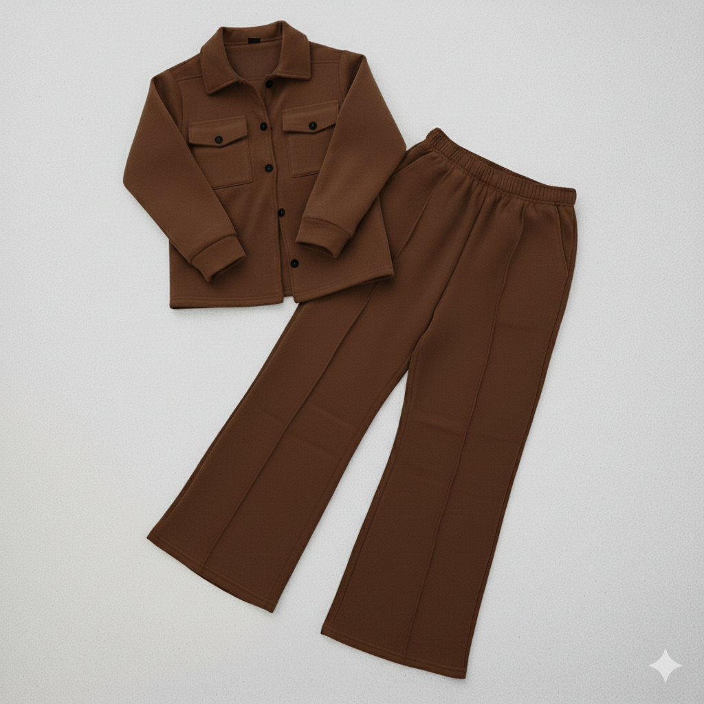 Brown Flap Pocket Fleece Cord Set for Women