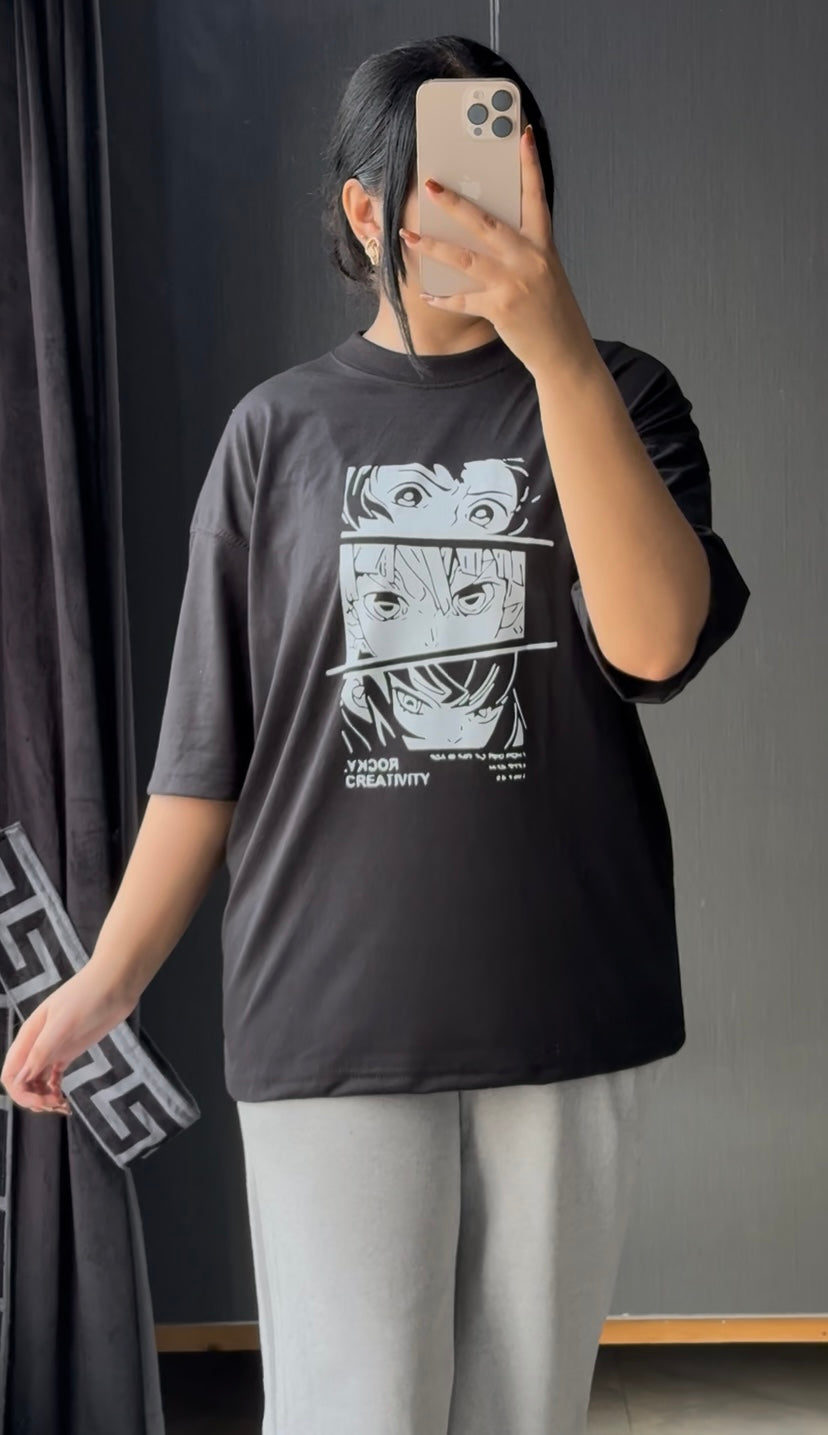 Womens Oversized Anime Tee Paired with Comfy Wide-Leg Trousers