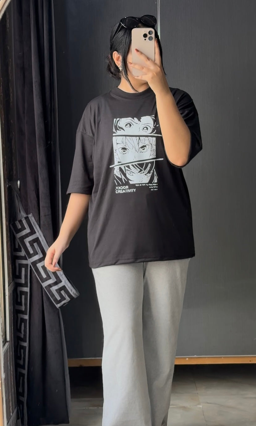 Womens Oversized Anime Tee Paired with Comfy Wide-Leg Trousers