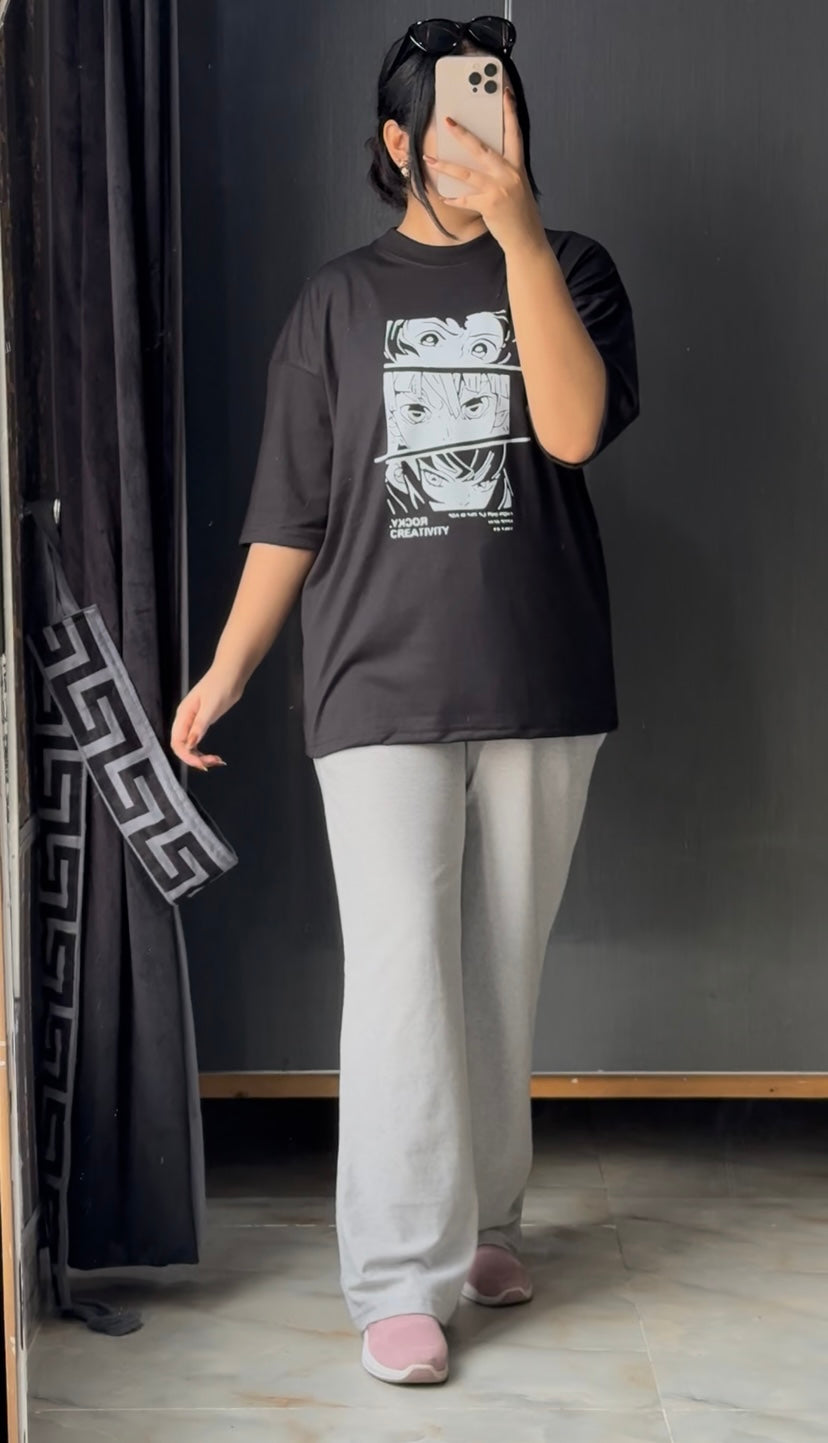 Womens Oversized Anime Tee Paired with Comfy Wide-Leg Trousers