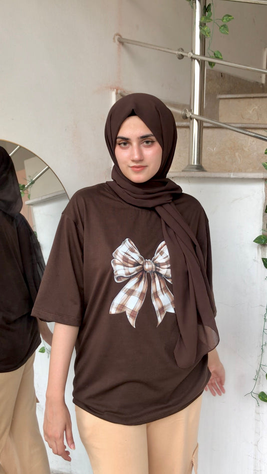 Womens Brown Oversized Tshirt And Cargo Wide Leg Trouser cord Set