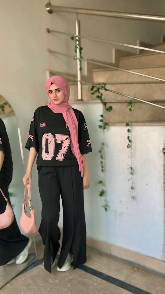 Urban Pink Pop Oversized Tee x Slit Trousers Vibe- Cord Set
