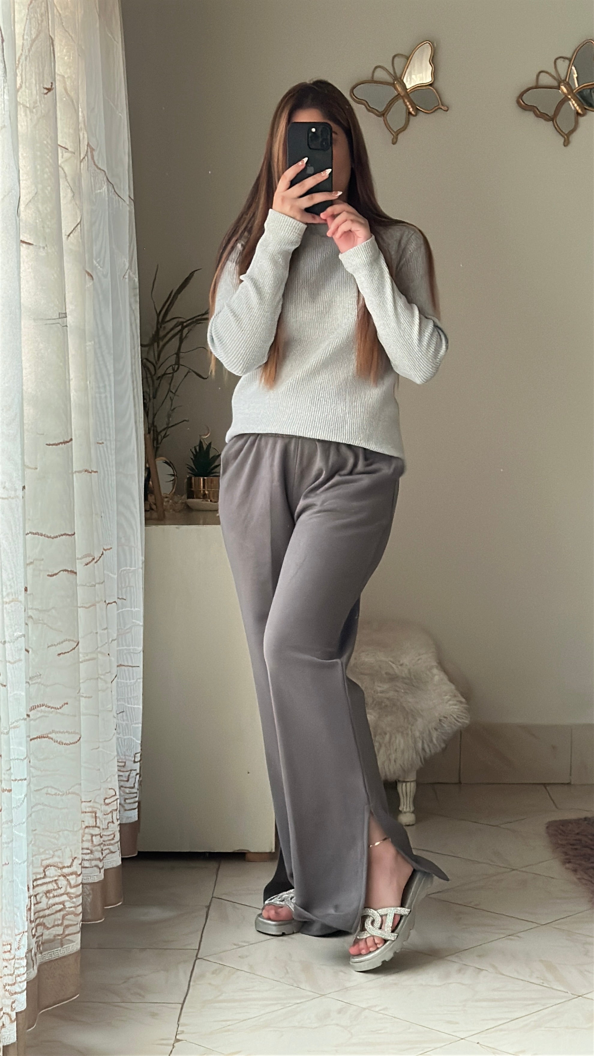 Women's Fleece Winter Side Slit Flare Trousers - Steel Grey