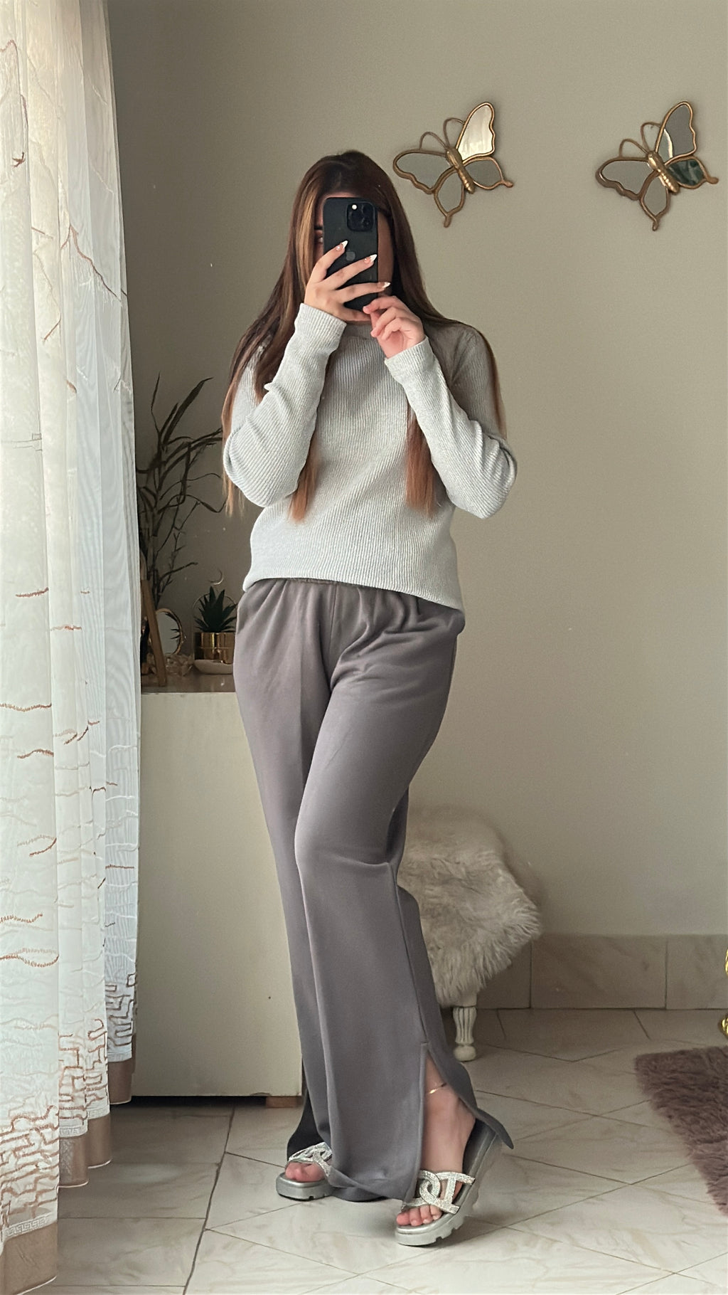 Women's Fleece Winter Side Slit Flare Trousers - Steel Grey