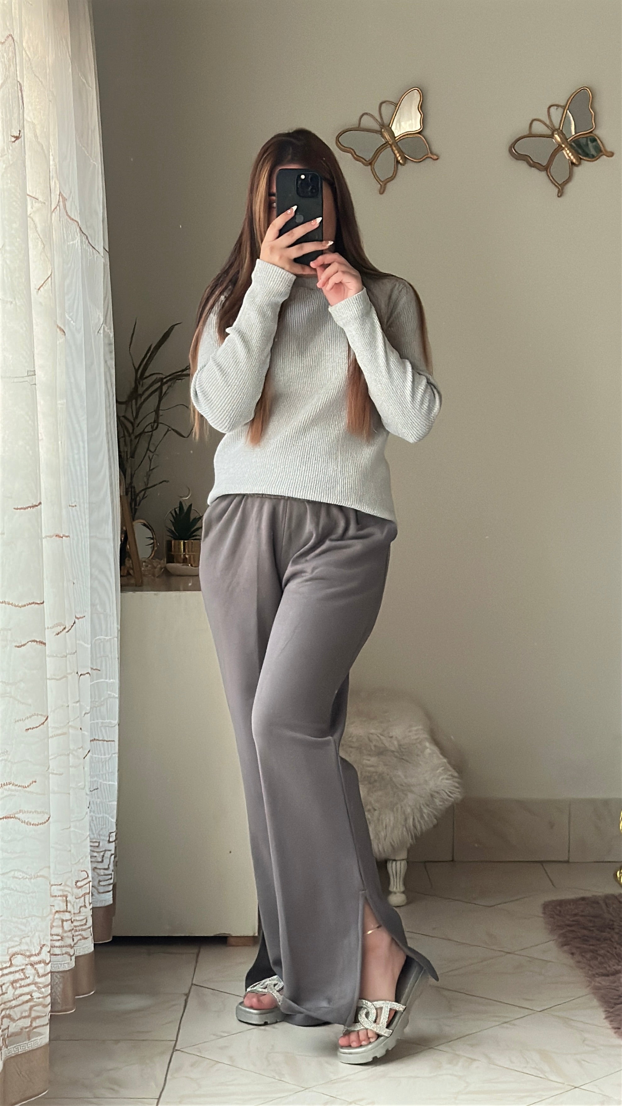 Women's Fleece Winter Side Slit Flare Trousers - Steel Grey