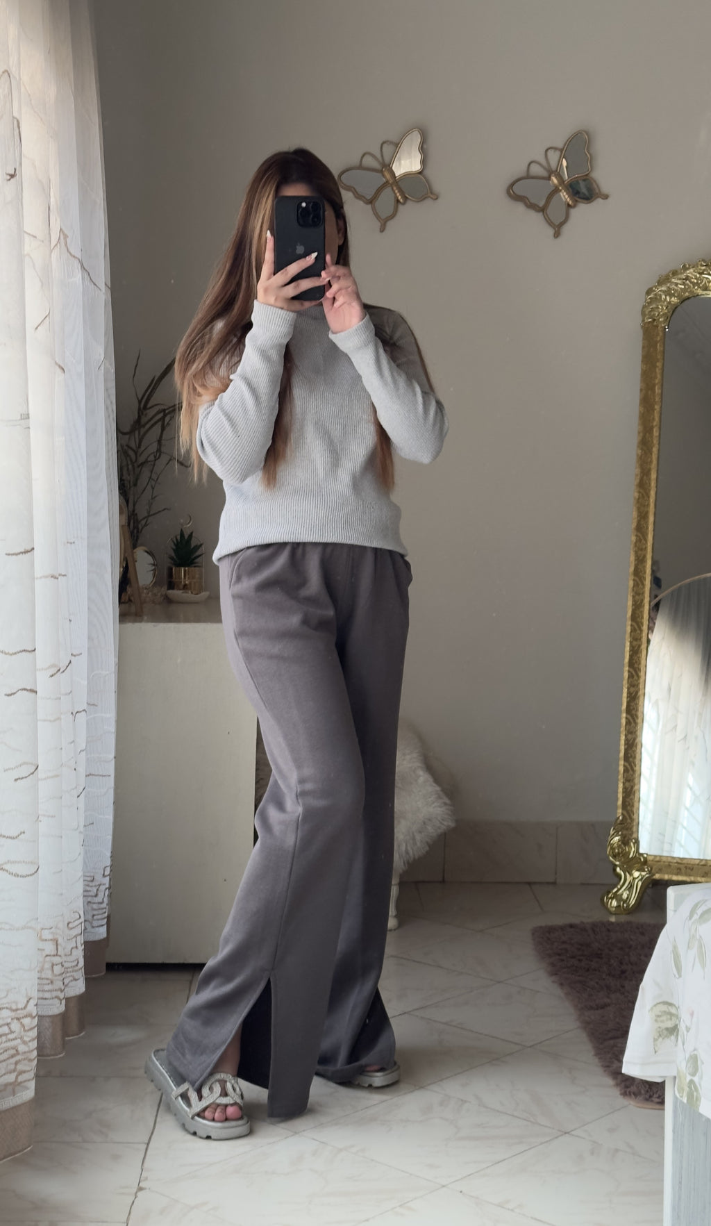 Women's Fleece Winter Side Slit Flare Trousers - Steel Grey