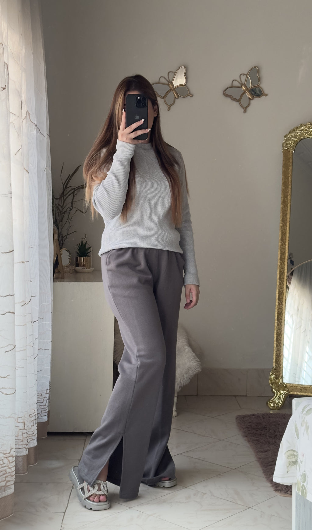 Women's Fleece Winter Side Slit Flare Trousers - Steel Grey