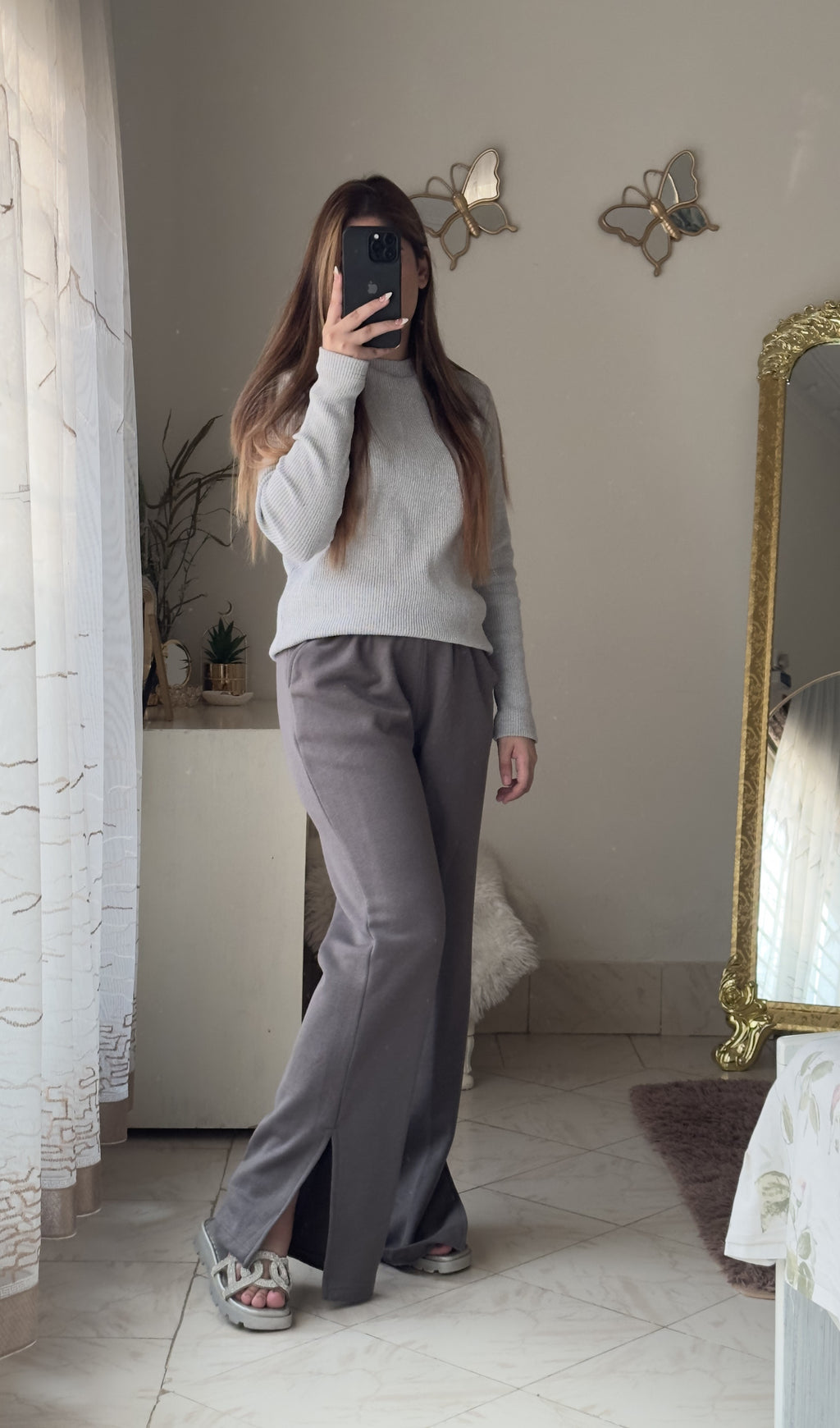 Women's Fleece Winter Side Slit Flare Trousers - Steel Grey