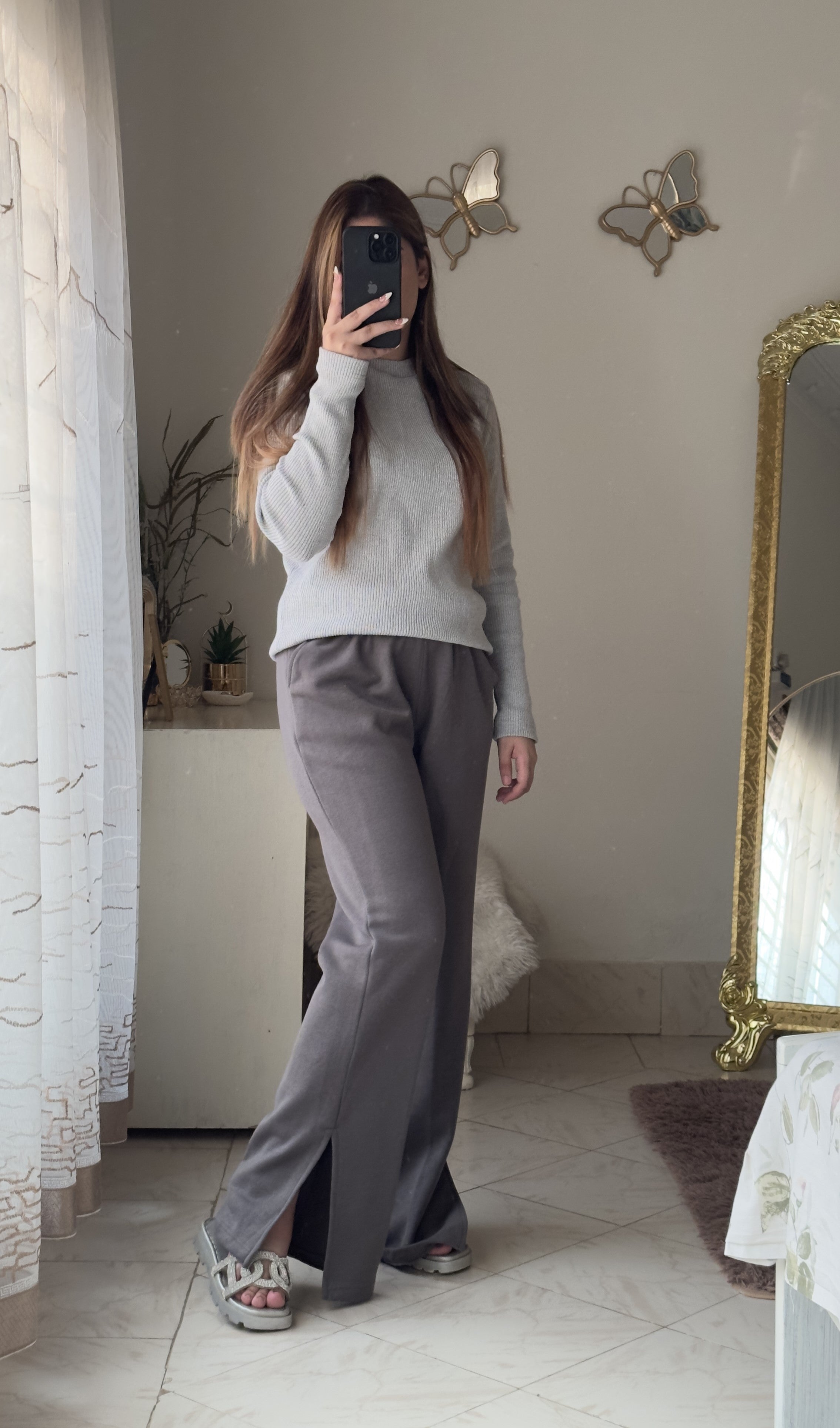 Women's Fleece Winter Side Slit Flare Trousers - Steel Grey