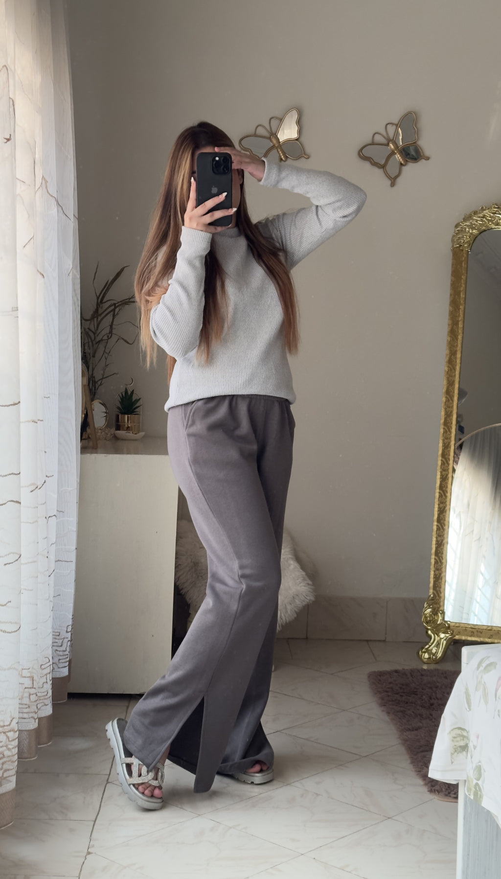Women's Fleece Winter Side Slit Flare Trousers - Steel Grey