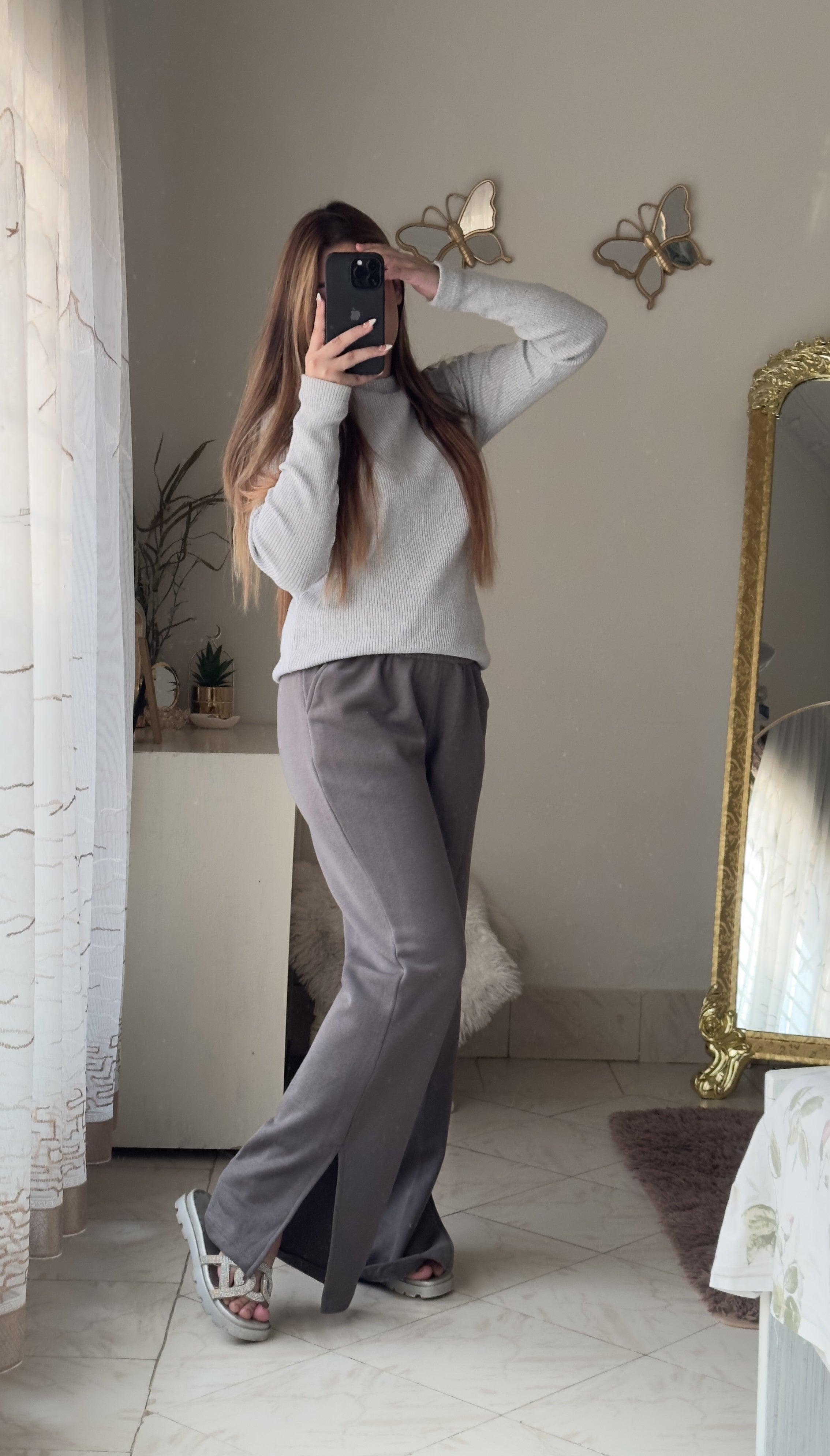 Women's Fleece Winter Side Slit Flare Trousers - Steel Grey