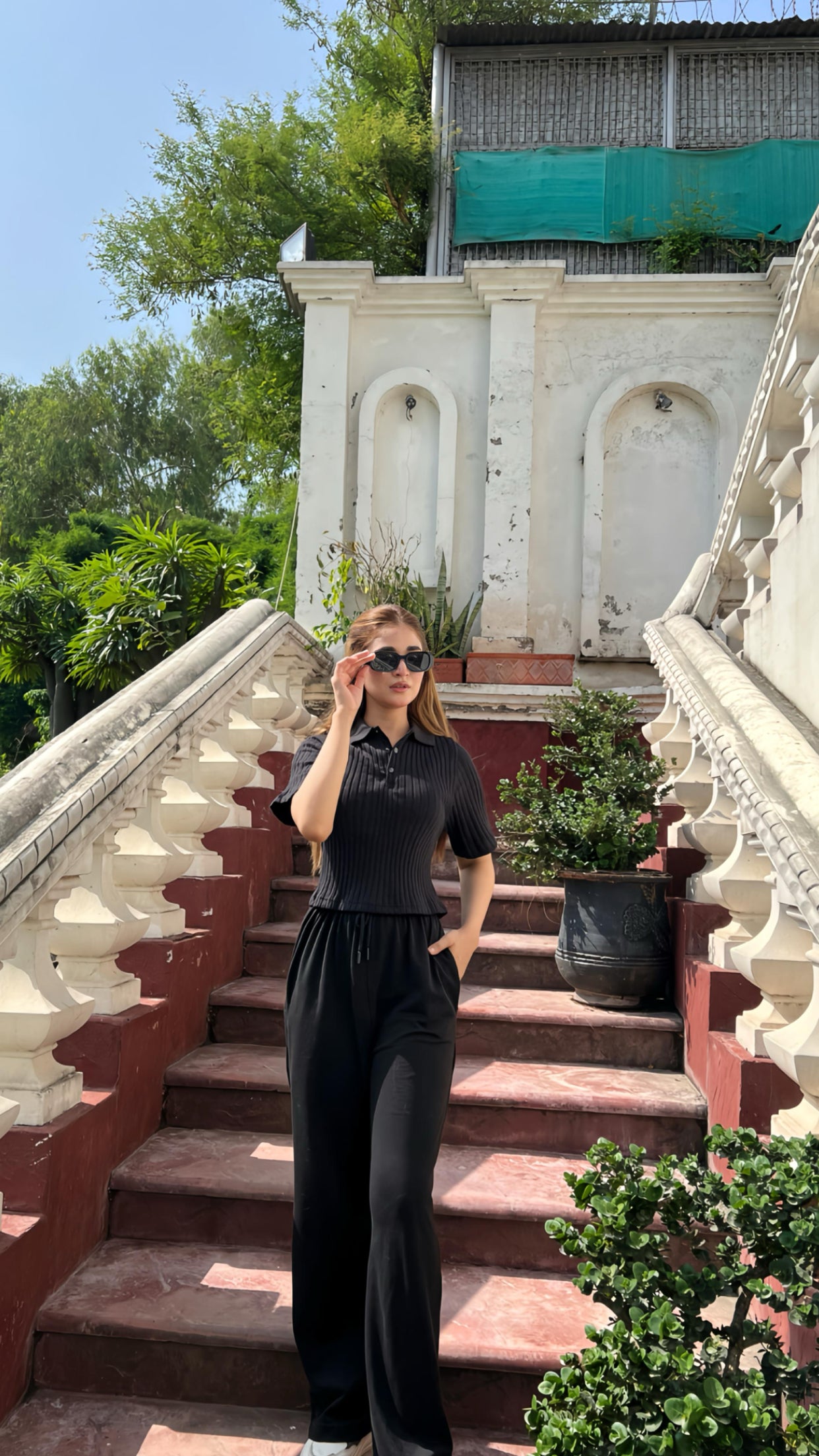 Womens Drop Needle Polo Crop Top & Wide-Leg Trousers Set