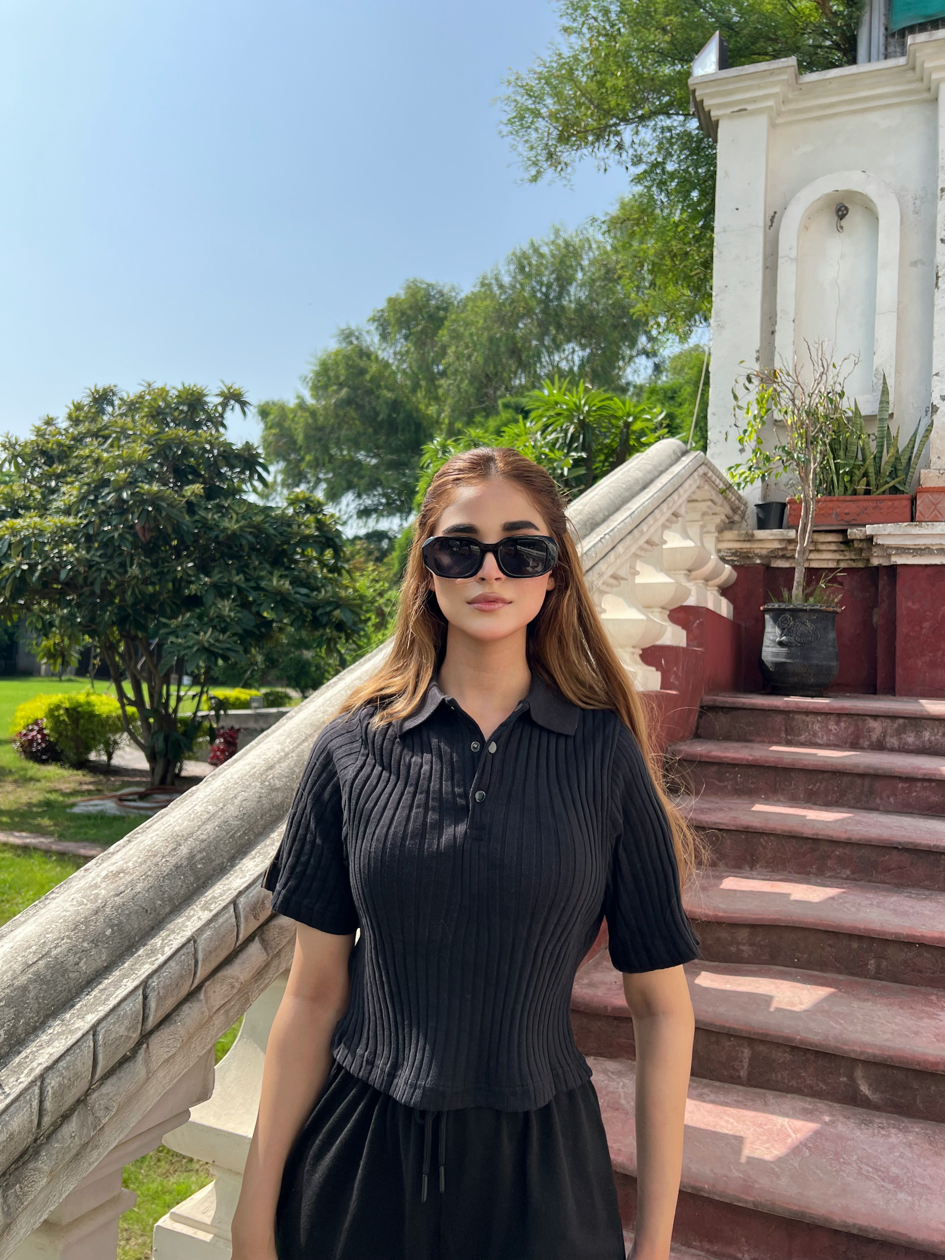 Womens Drop Needle Polo Crop Top & Wide-Leg Trousers Set