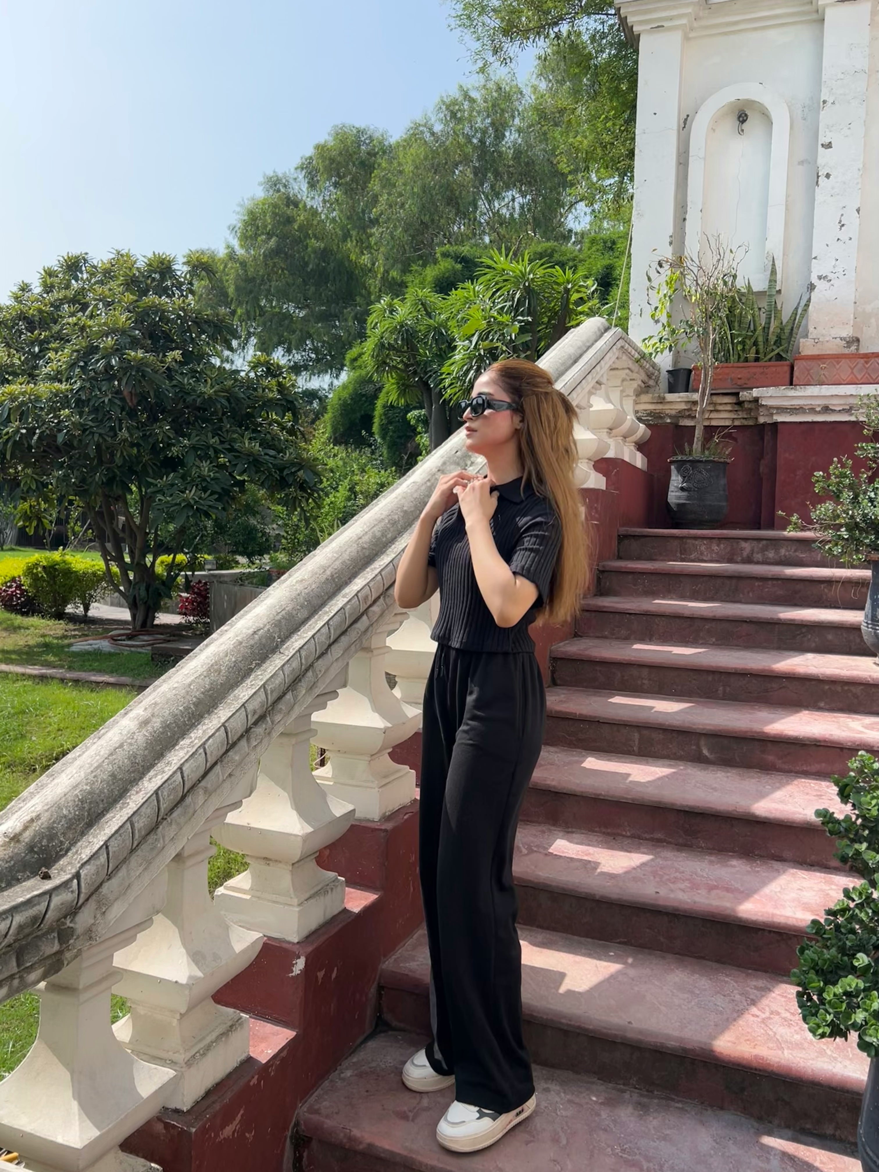 Womens Drop Needle Polo Crop Top & Wide-Leg Trousers Set