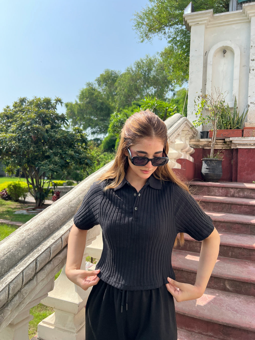 Womens Drop Needle Polo Crop Top & Wide-Leg Trousers Set