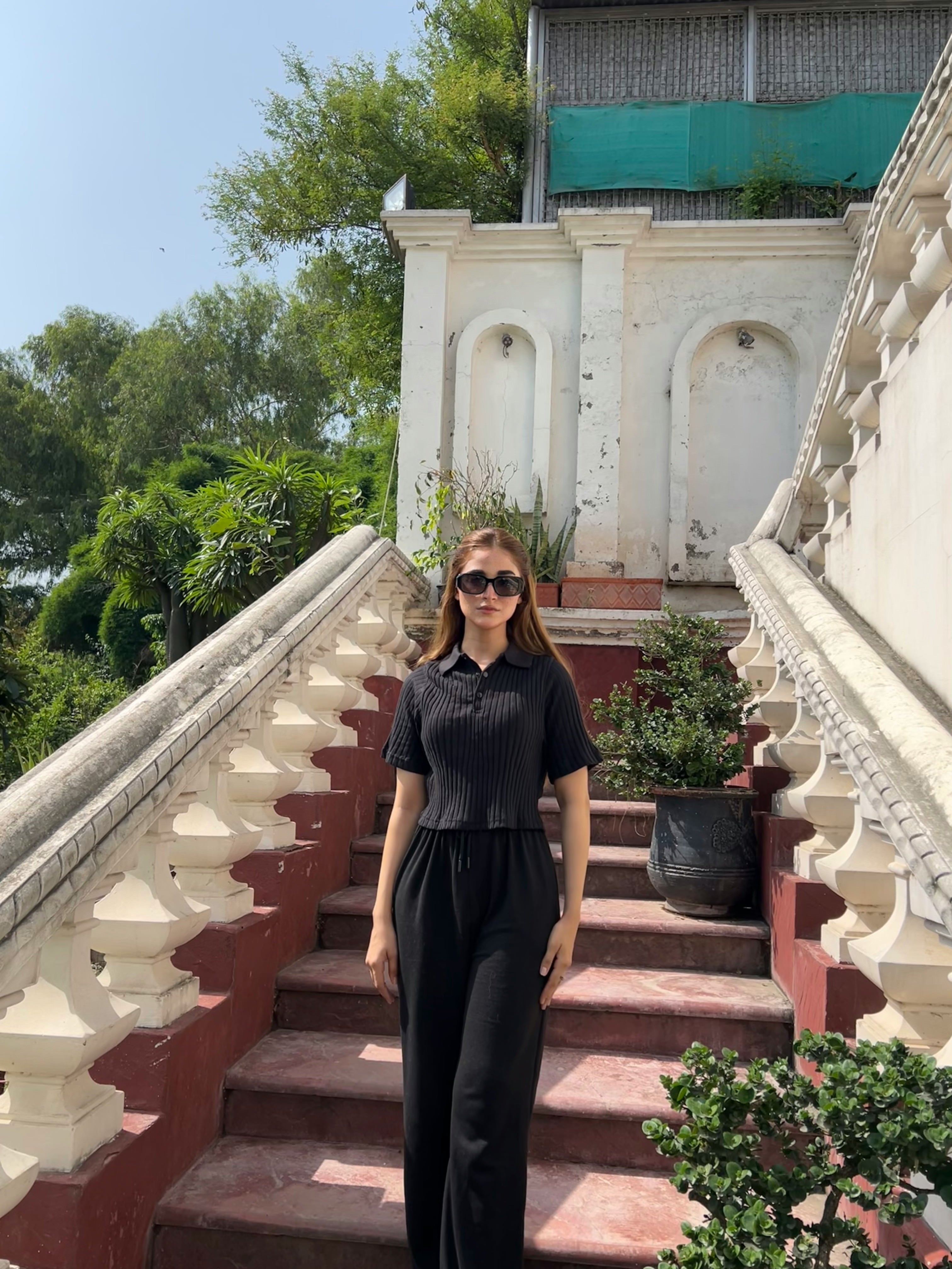 Womens Drop Needle Polo Crop Top & Wide-Leg Trousers Set