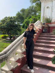 Womens Drop Needle Polo Crop Top & Wide-Leg Trousers Set