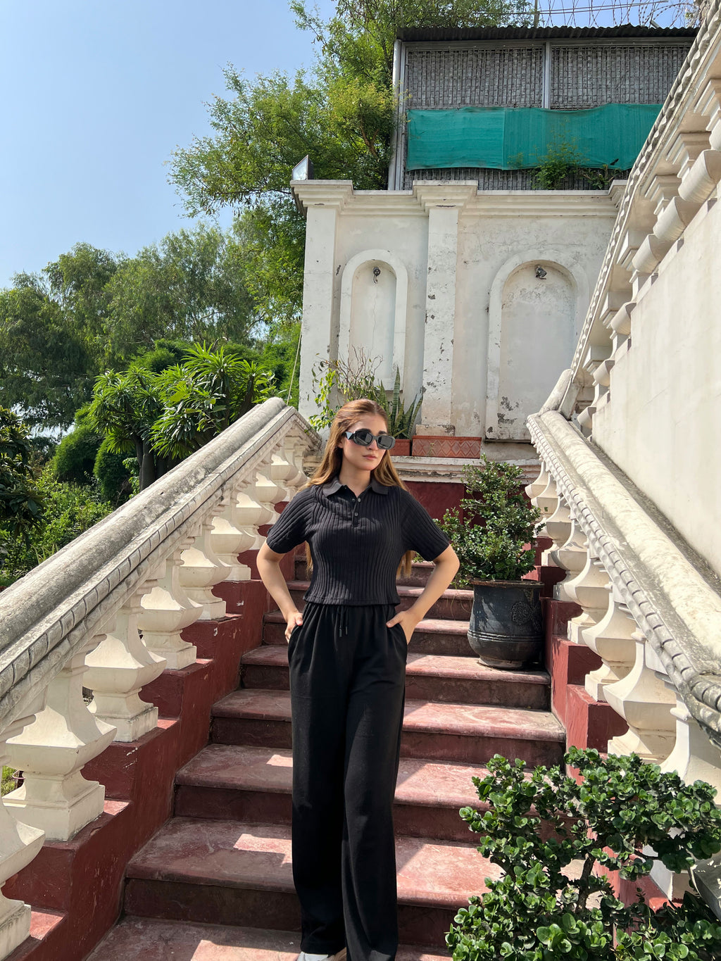 Womens Drop Needle Polo Crop Top & Wide-Leg Trousers Set