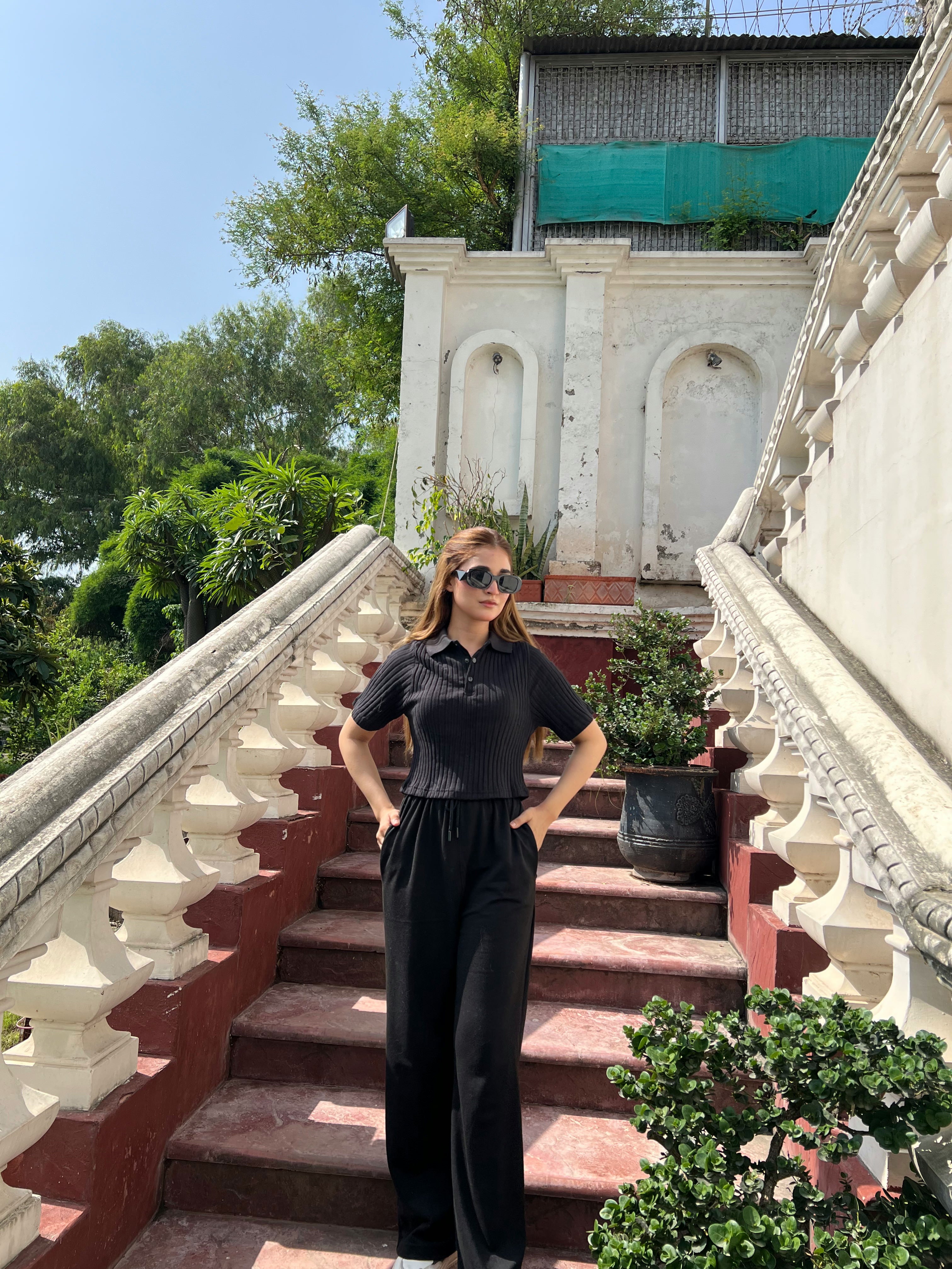 Womens Drop Needle Polo Crop Top & Wide-Leg Trousers Set