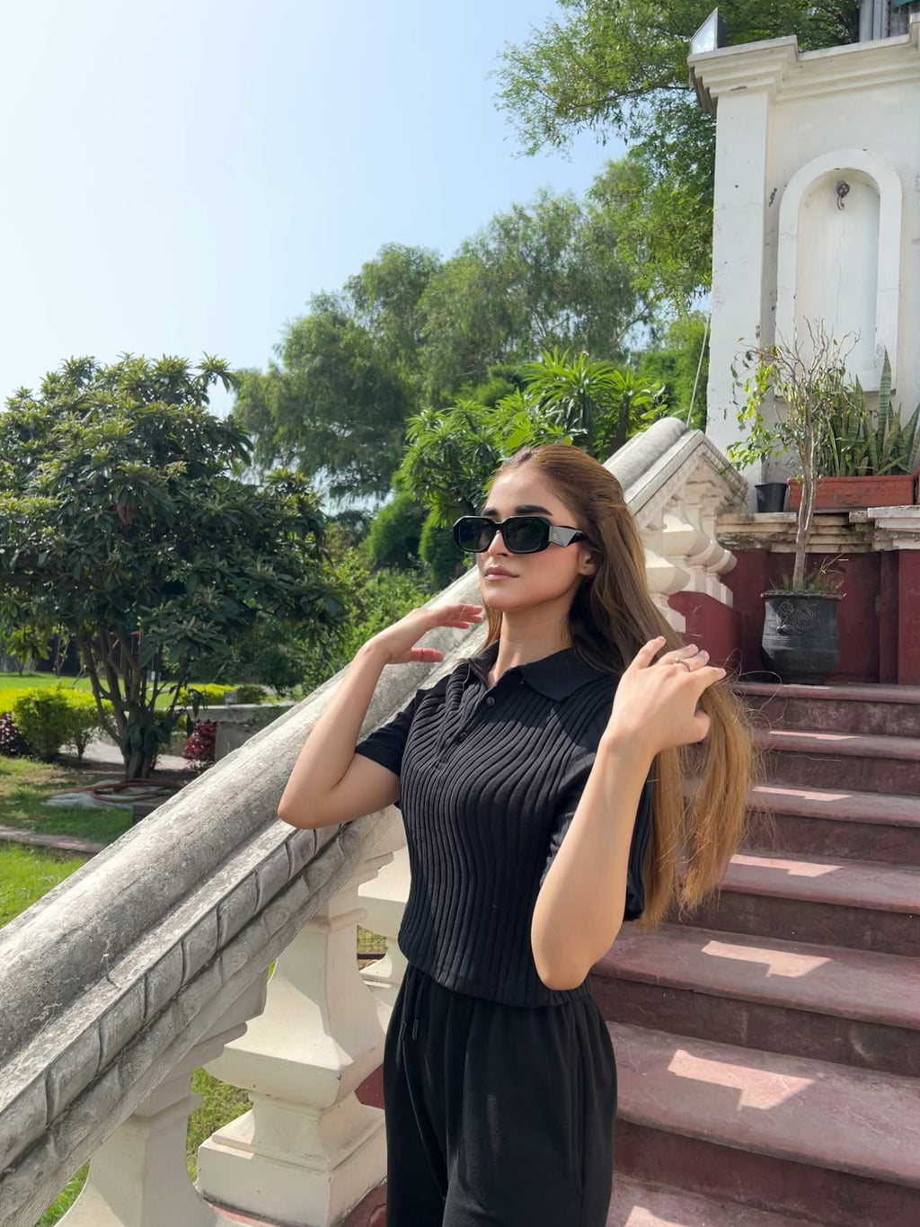 Womens Drop Needle Polo Crop Top & Wide-Leg Trousers Set