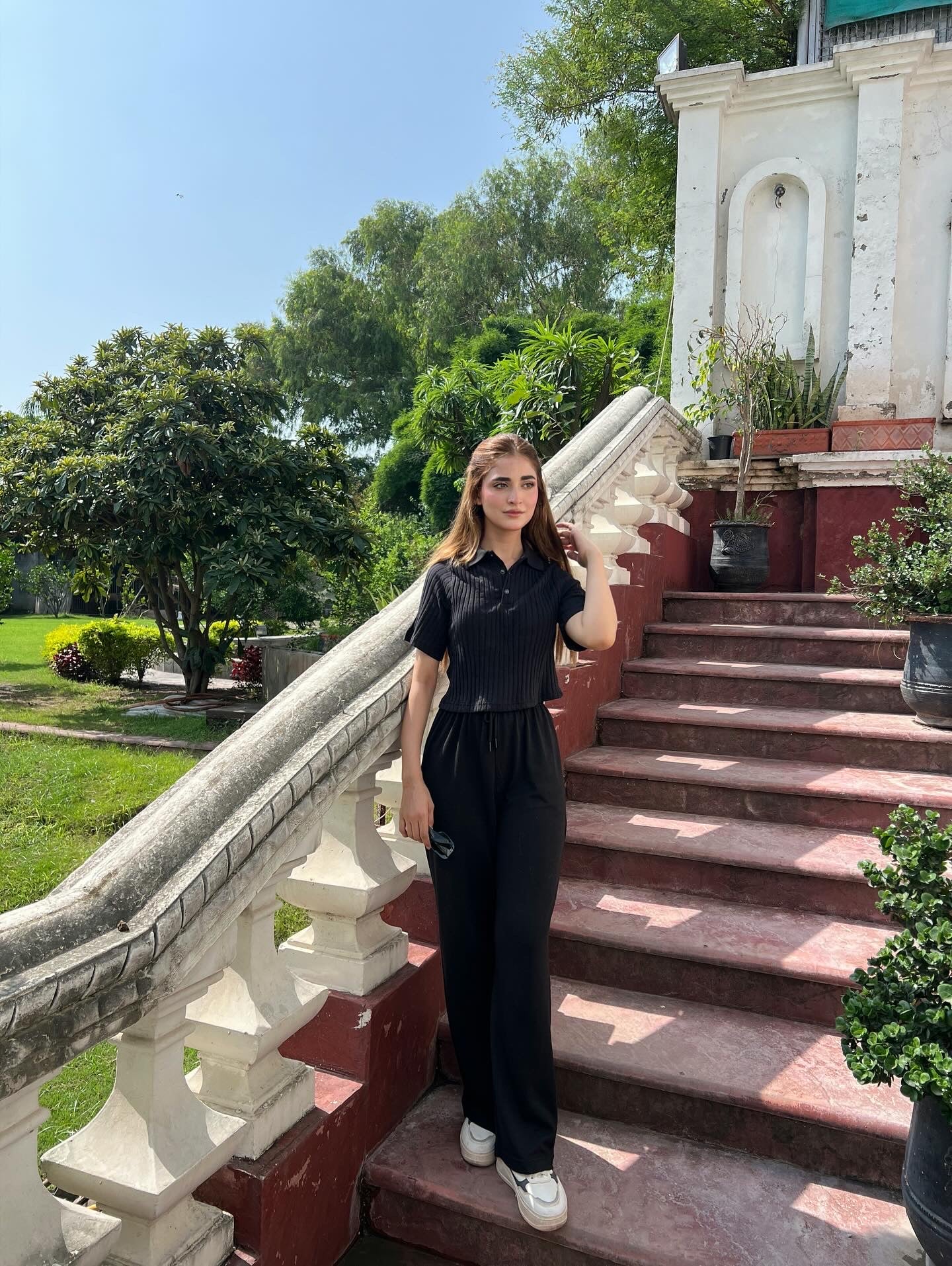 Womens Drop Needle Polo Crop Top & Wide-Leg Trousers Set