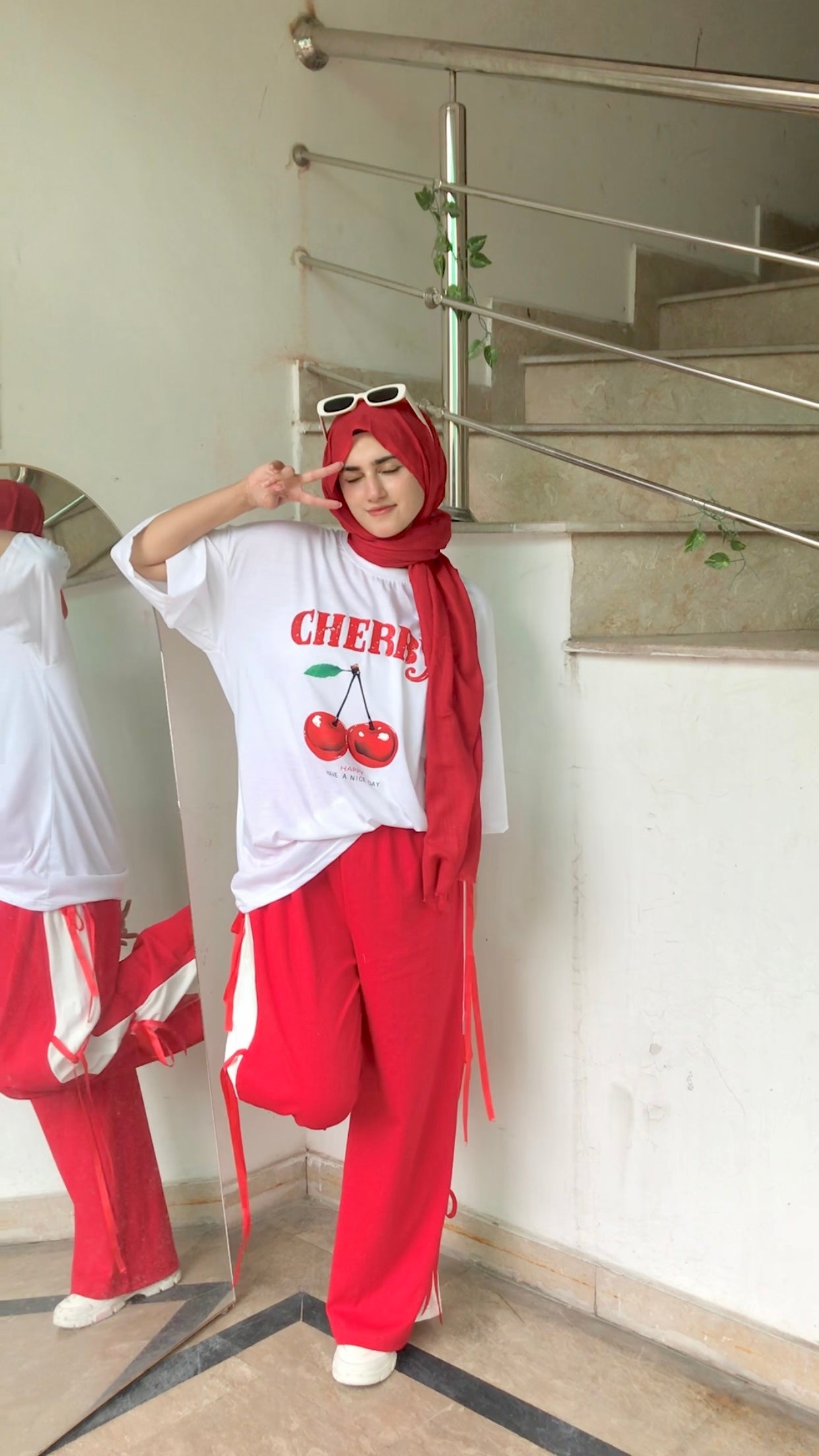 Cherry Graphic Tee with Bow-Tie Trousers Cord Set