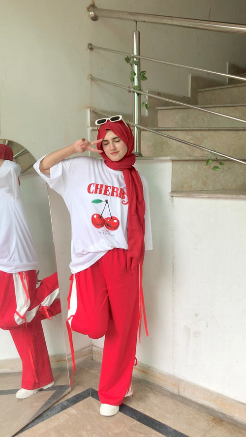 Cherry Graphic Tee with Bow-Tie Trousers Cord Set