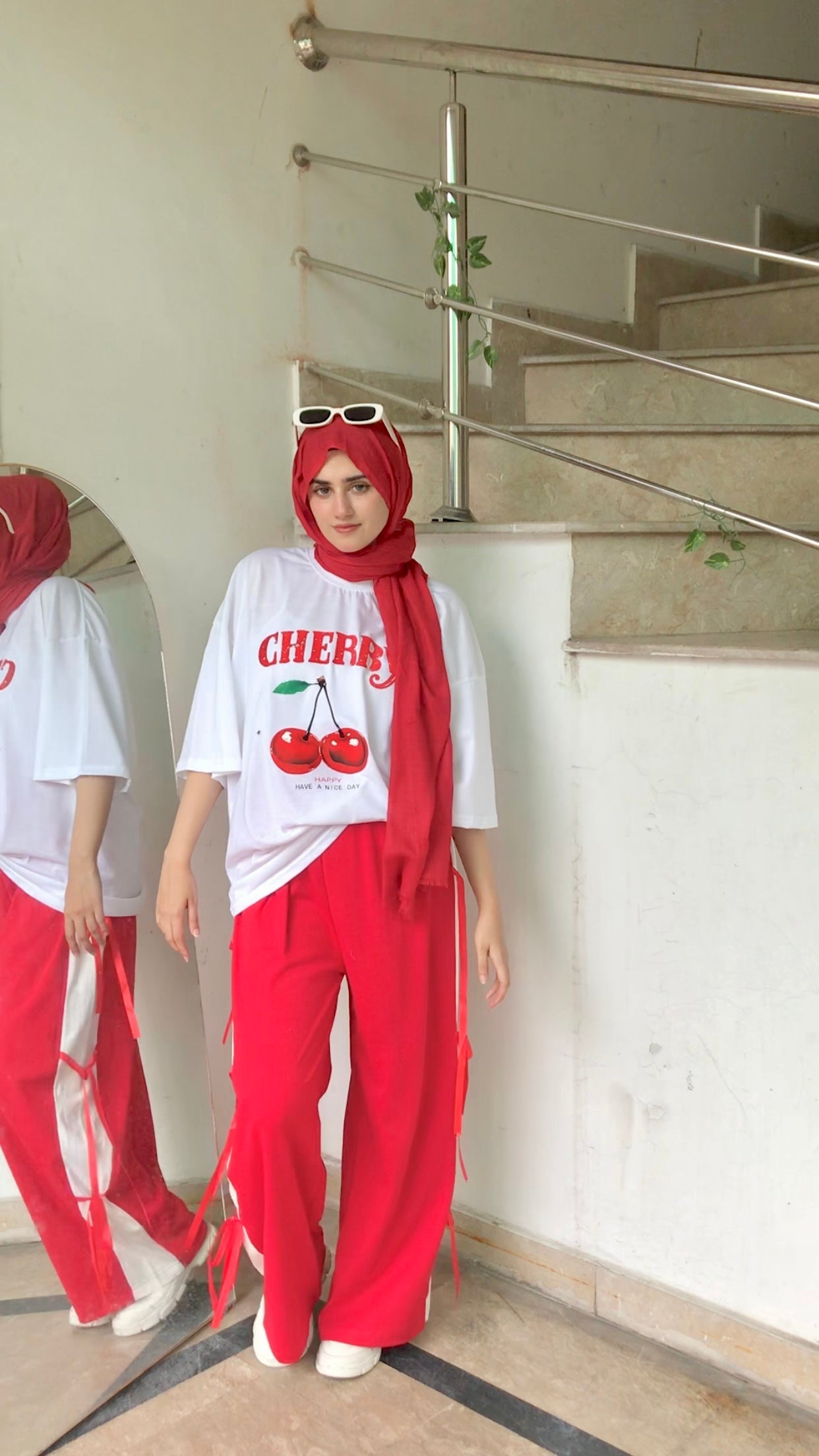 Cherry Graphic Tee with Bow-Tie Trousers Cord Set