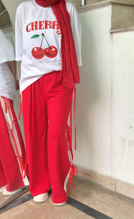 Womens  Cute Summer Wide-Leg Trousers with Side Bow Details - Red