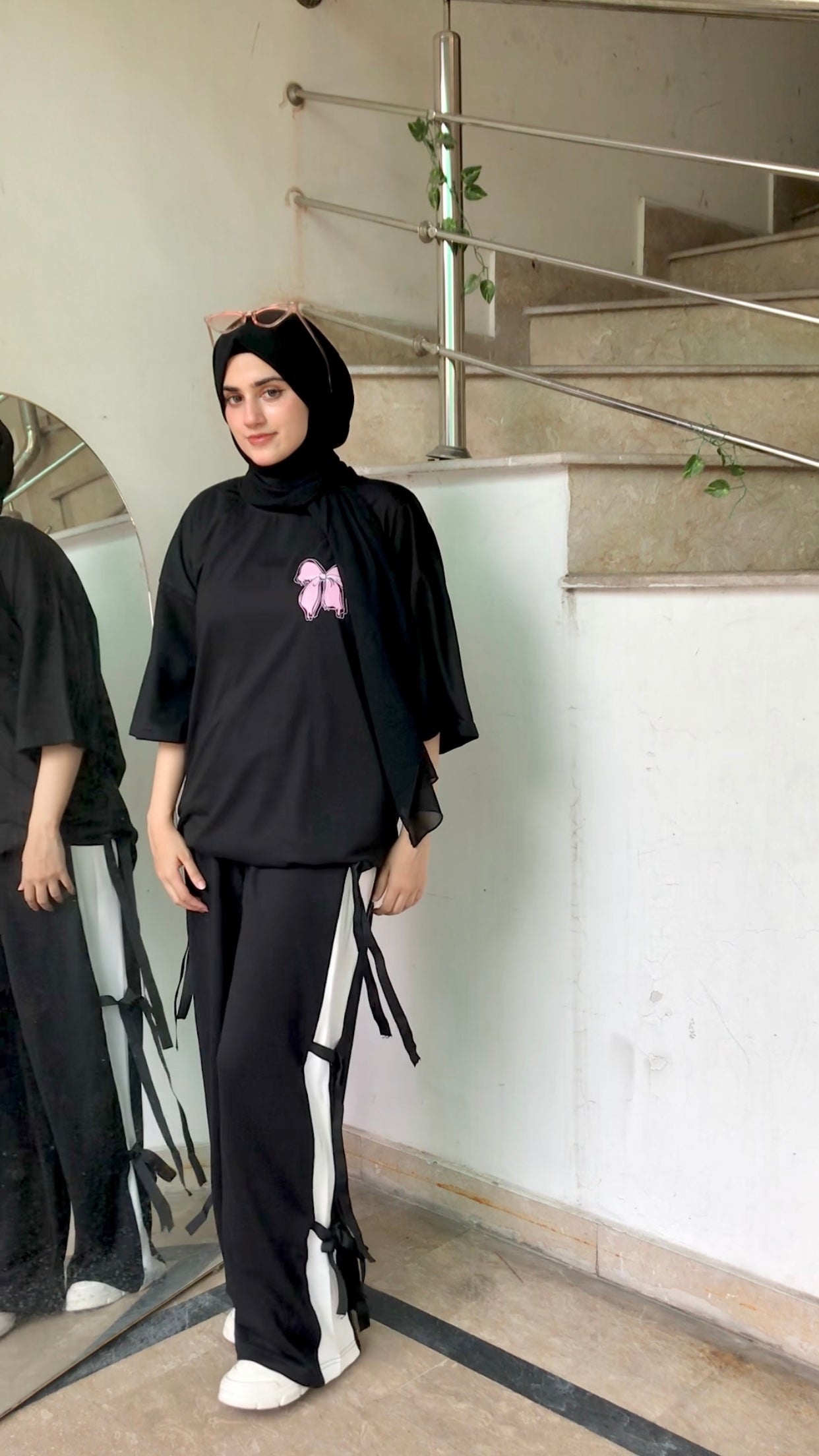 Black Bow Oversized Tee with Contrast Side-Tie Trousers