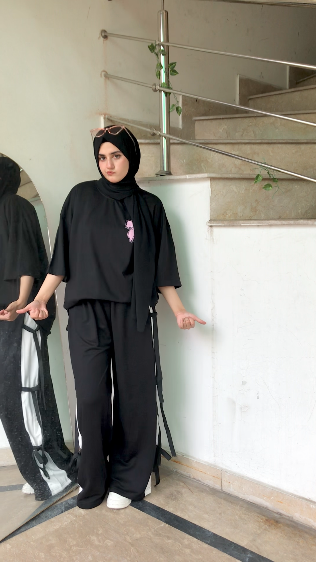 Black Bow Oversized Tee with Contrast Side-Tie Trousers