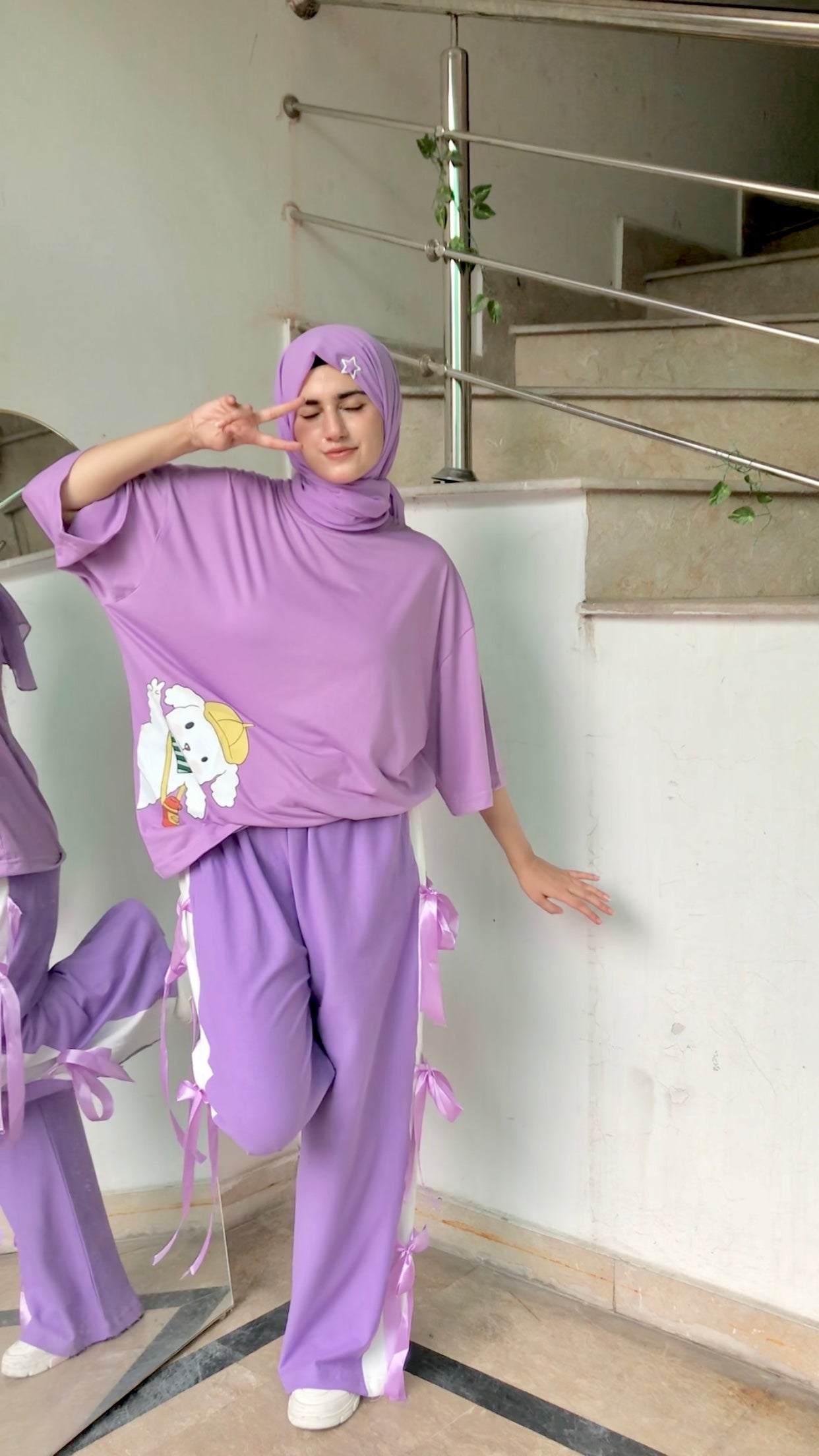 Casual Chic in Lilac - Oversized Tee & Bow-Tie Trousers Set