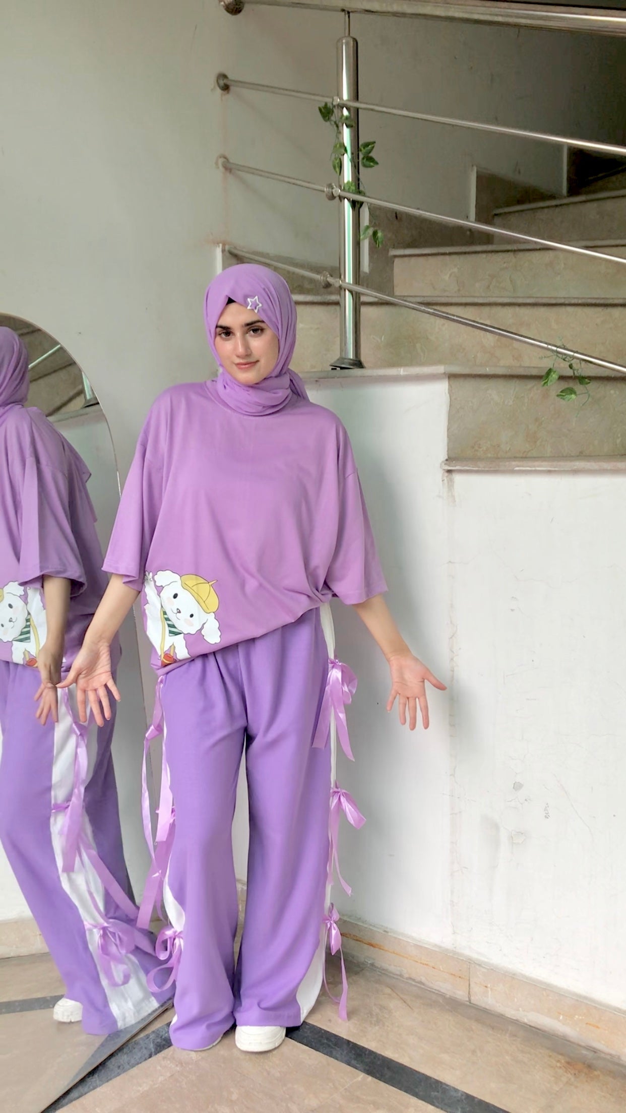 Casual Chic in Lilac - Oversized Tee & Bow-Tie Trousers Set