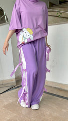 Womens Cute Summer Wide-Leg Trousers with Side Bow Details - Lilac