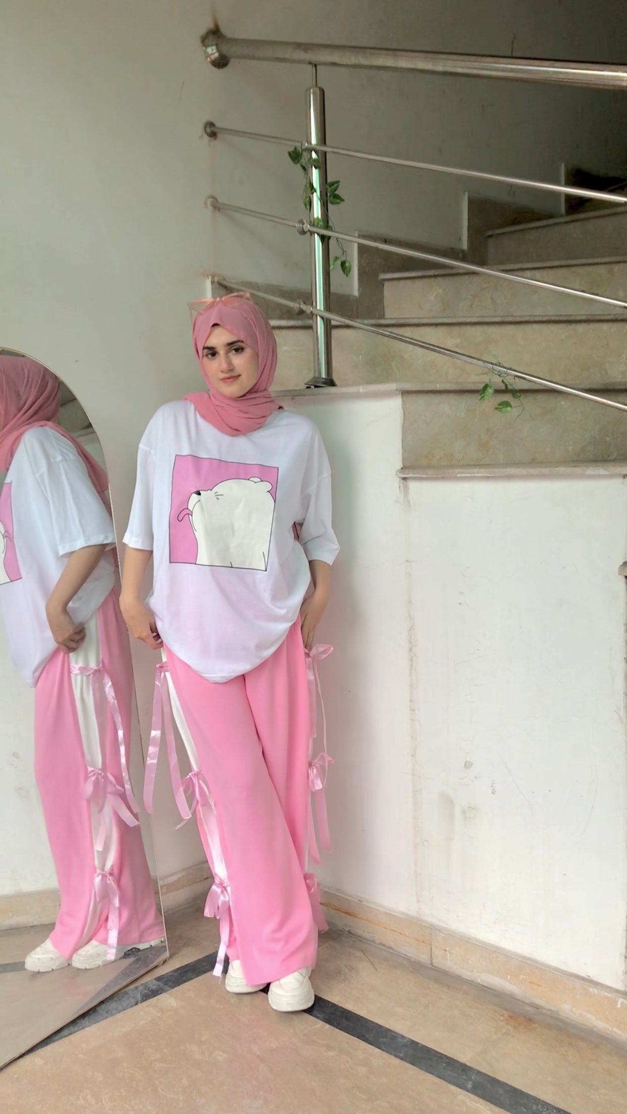 Sweet & Sassy - Polar Bear Tee And Pink Blush Bow-Tie Trouser Set