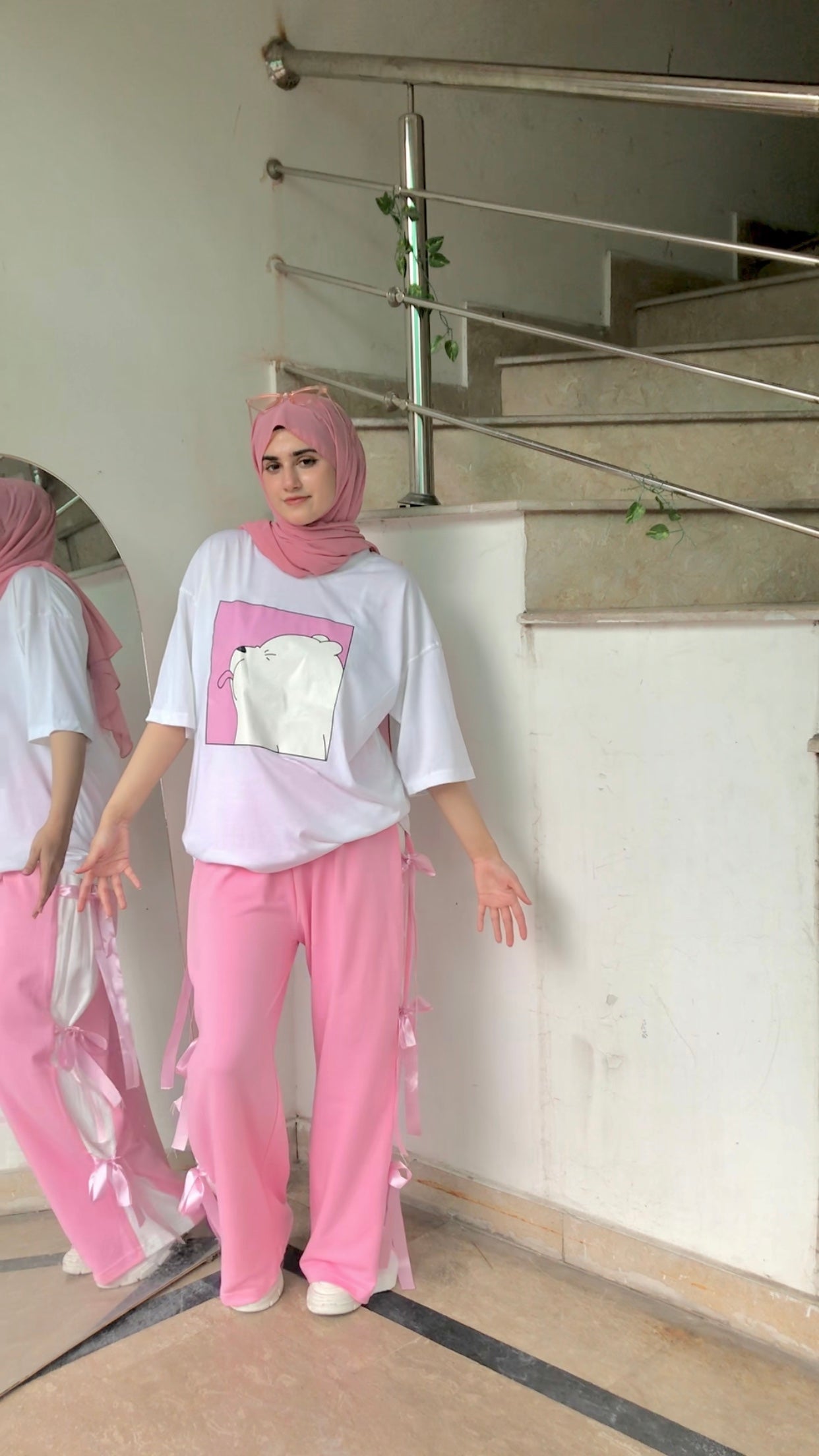 Sweet & Sassy - Polar Bear Tee And Pink Blush Bow-Tie Trouser Set